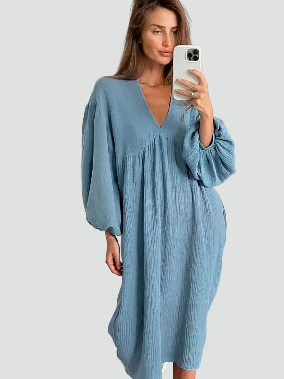 Angela | Casual Midi Dress with V-Neck and Puff Sleeves