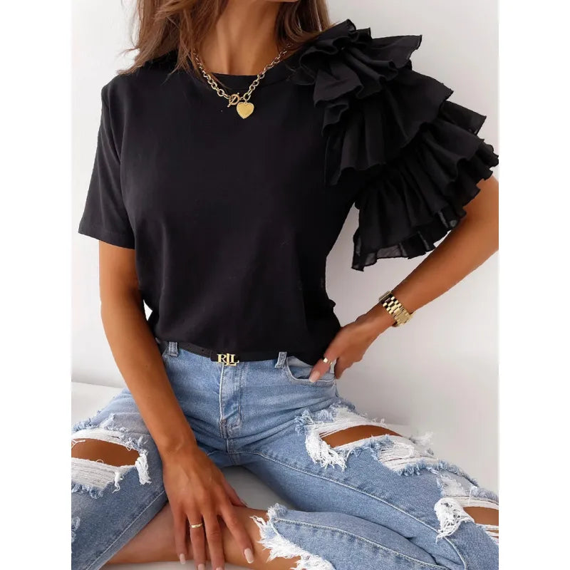Angela | One Shoulder Ruffle Sleeve Crew Neck Top
