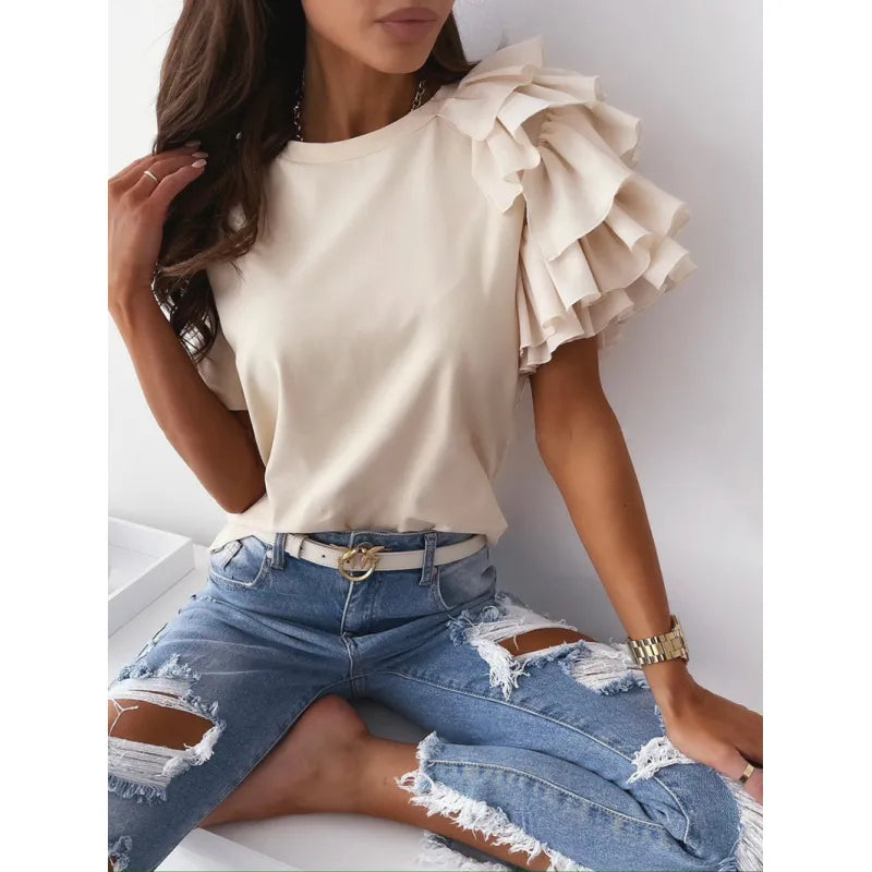 Angela | One Shoulder Ruffle Sleeve Crew Neck Top