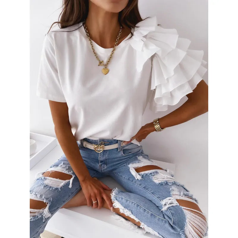 Angela | One Shoulder Ruffle Sleeve Crew Neck Top