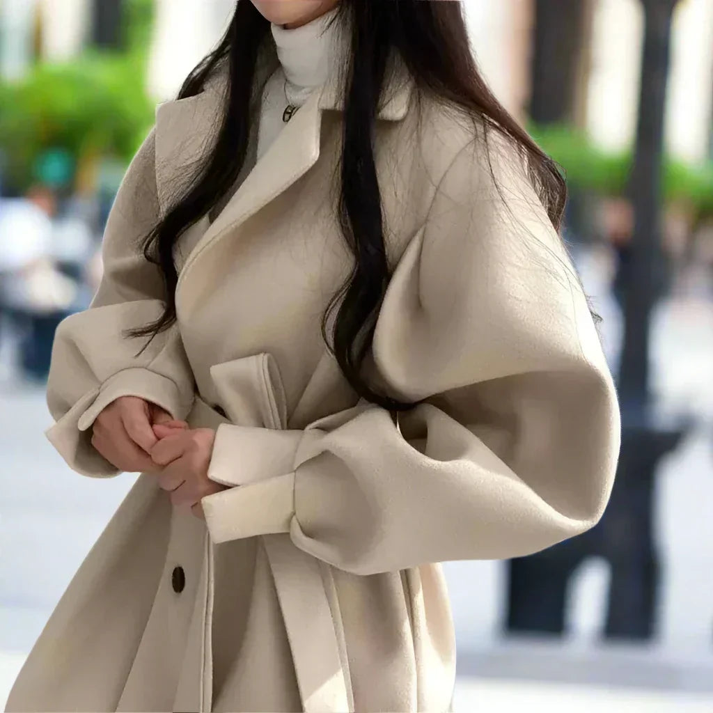 Belted Trench Coat with Tie Waist and Voluminous Sleeves