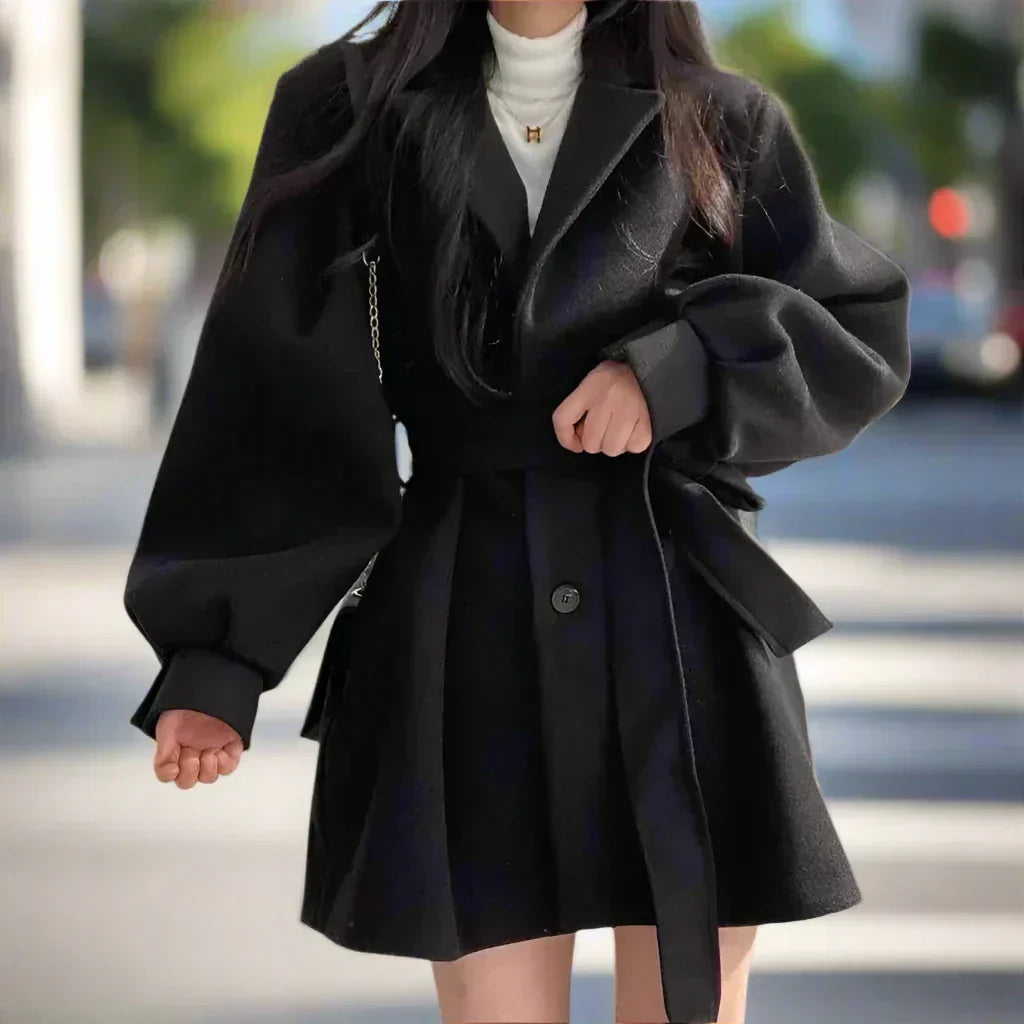Belted Trench Coat with Tie Waist and Voluminous Sleeves