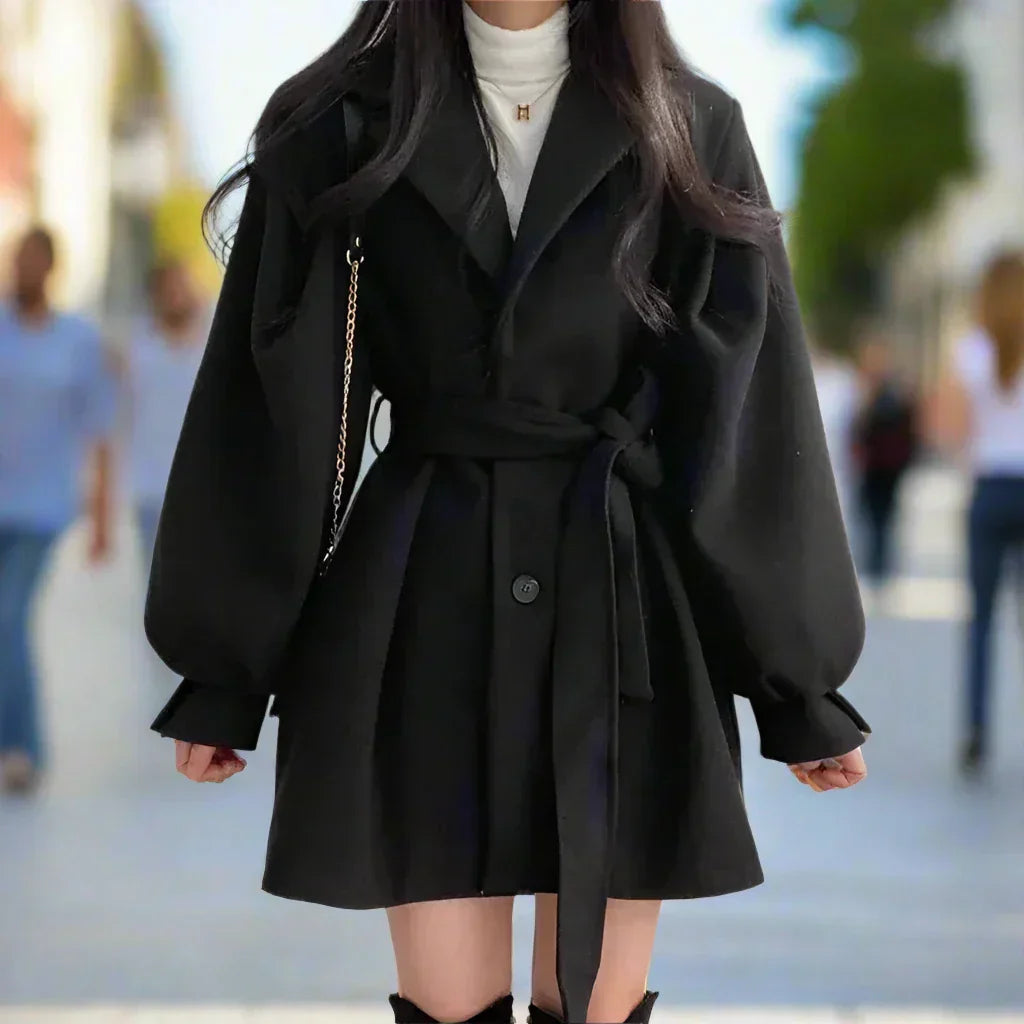 Belted Trench Coat with Tie Waist and Voluminous Sleeves