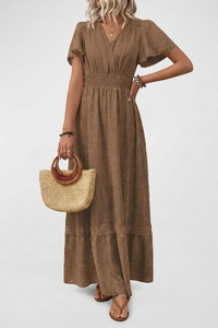 Carol | Elegant V Neck Maxi Dress with Gathered Waist and Lace Trim
