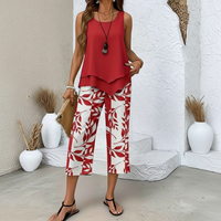 Carol | Leaf Print Sleeveless Top and Wide Leg Trouser Set