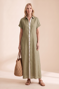 Carol | Linen Blend Shirt Maxi Dress with Contrast Placket