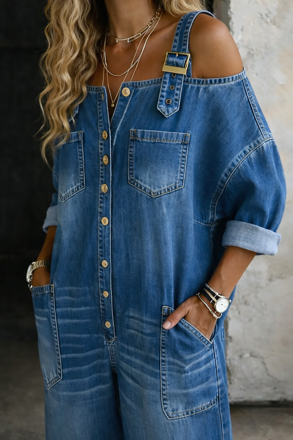 Charlotte | Cold Shoulder Denim Jumpsuit with Wide Leg