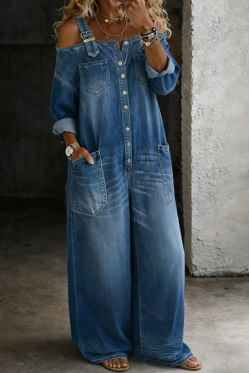 Charlotte | Cold Shoulder Denim Jumpsuit with Wide Leg