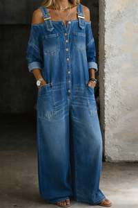 Charlotte | Cold Shoulder Denim Jumpsuit with Wide Leg