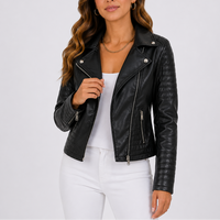 Women's Leather Biker Jacket with Asymmetrical Zip Closure