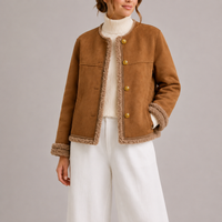 Women's Faux Suede Autumn Jacket with Shearling Trim in Brown