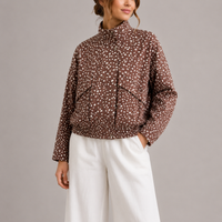 Women’s Cropped Brown Polka Dot Bomber Jacket with High Neck