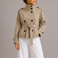 Womens Cropped Double-Breasted Trench Coat Jacket with Belt