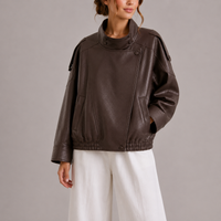 Women's High Collar Oversized Faux Leather Bomber Jacket