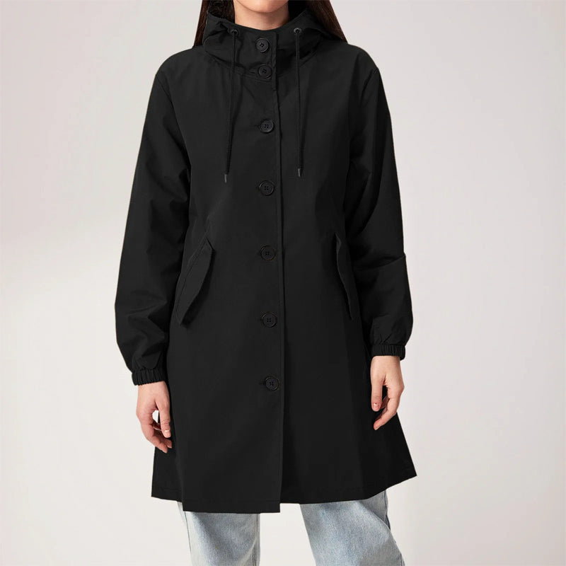 Chic Longline Hooded Trench Coat with Button Front