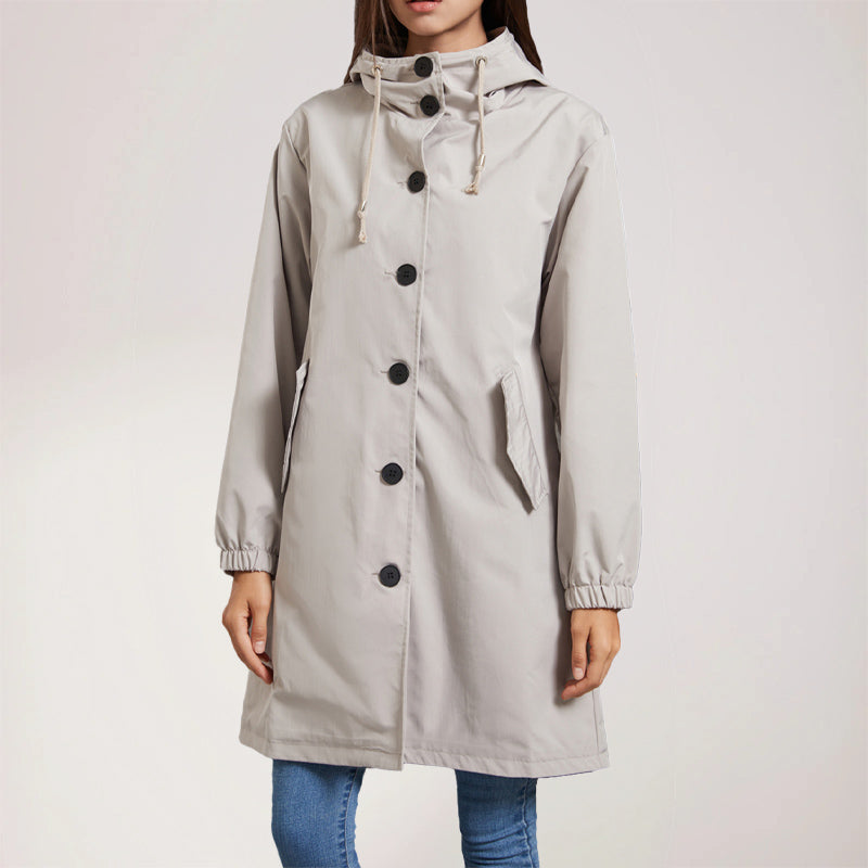 Chic Longline Hooded Trench Coat with Button Front