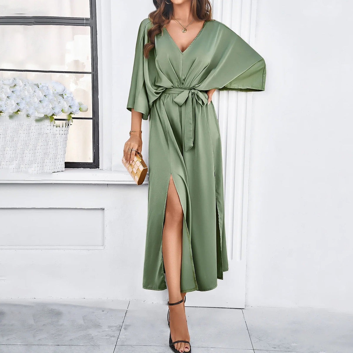 Christine | Elegant V-Neck Side Split A-Line Maxi Dress