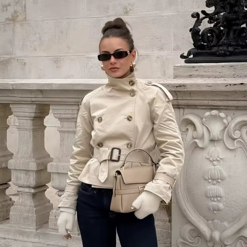 Cropped Belted Trench Coat with Double-Breasted Button Front