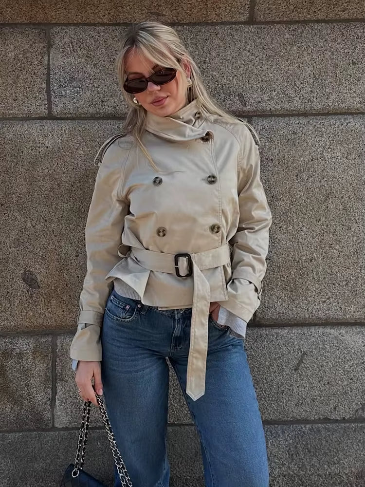 Cropped Belted Trench Coat with Double-Breasted Button Front