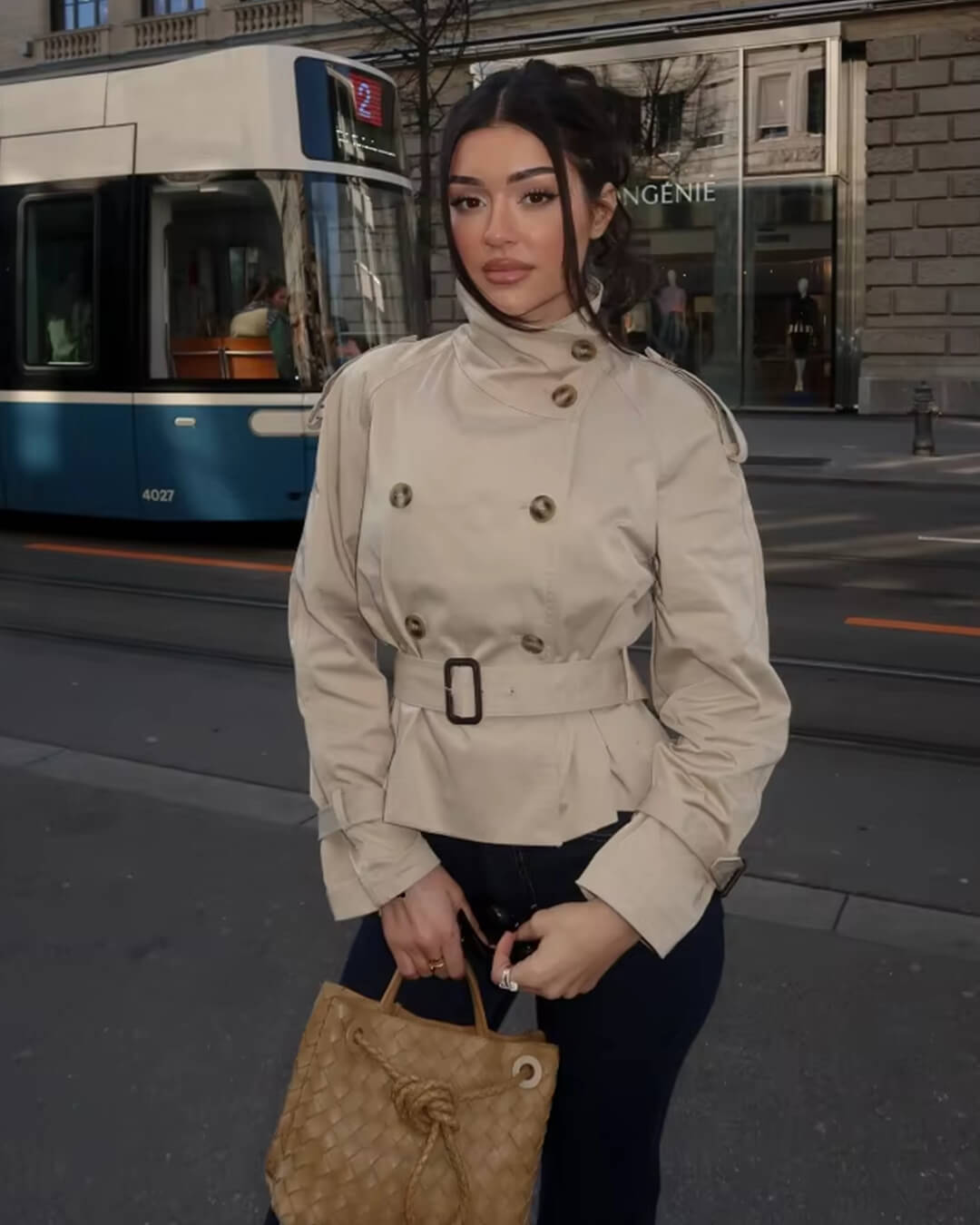 Cropped Belted Trench Coat with Double-Breasted Button Front