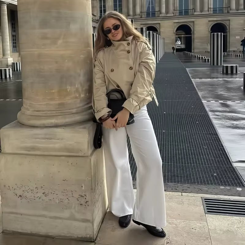 Cropped Belted Trench Coat with Double-Breasted Button Front