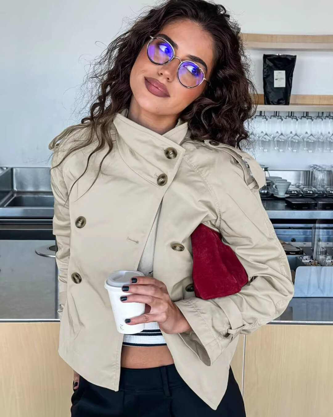 Cropped Belted Trench Coat with Double-Breasted Button Front