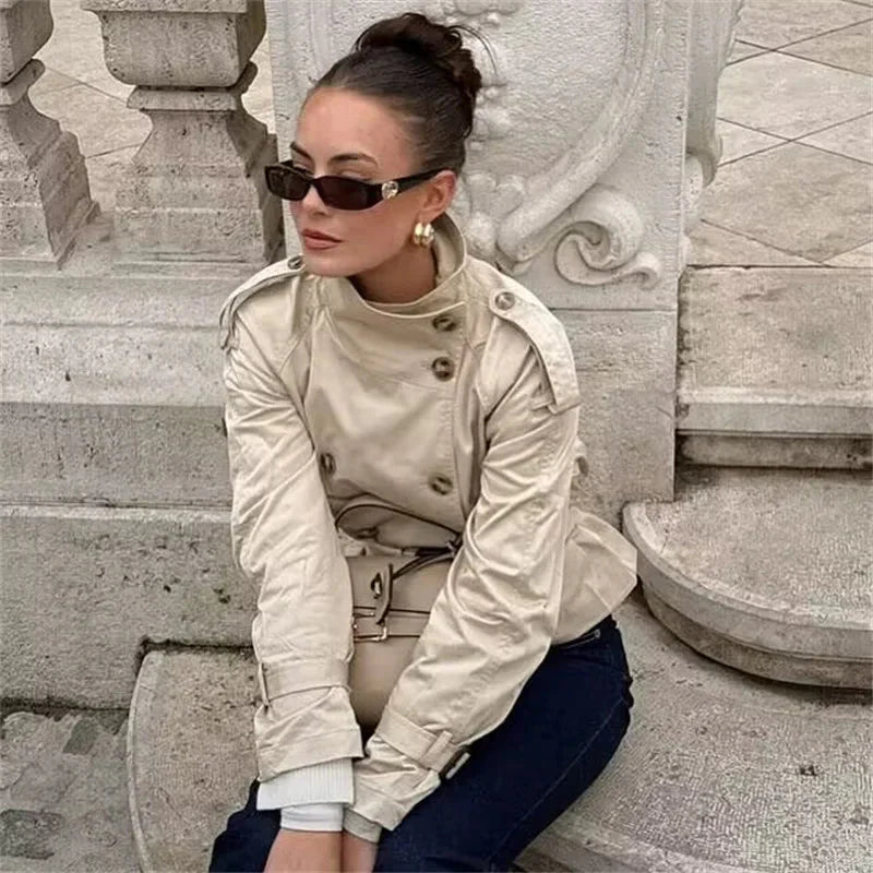 Cropped Belted Trench Coat with Double-Breasted Button Front