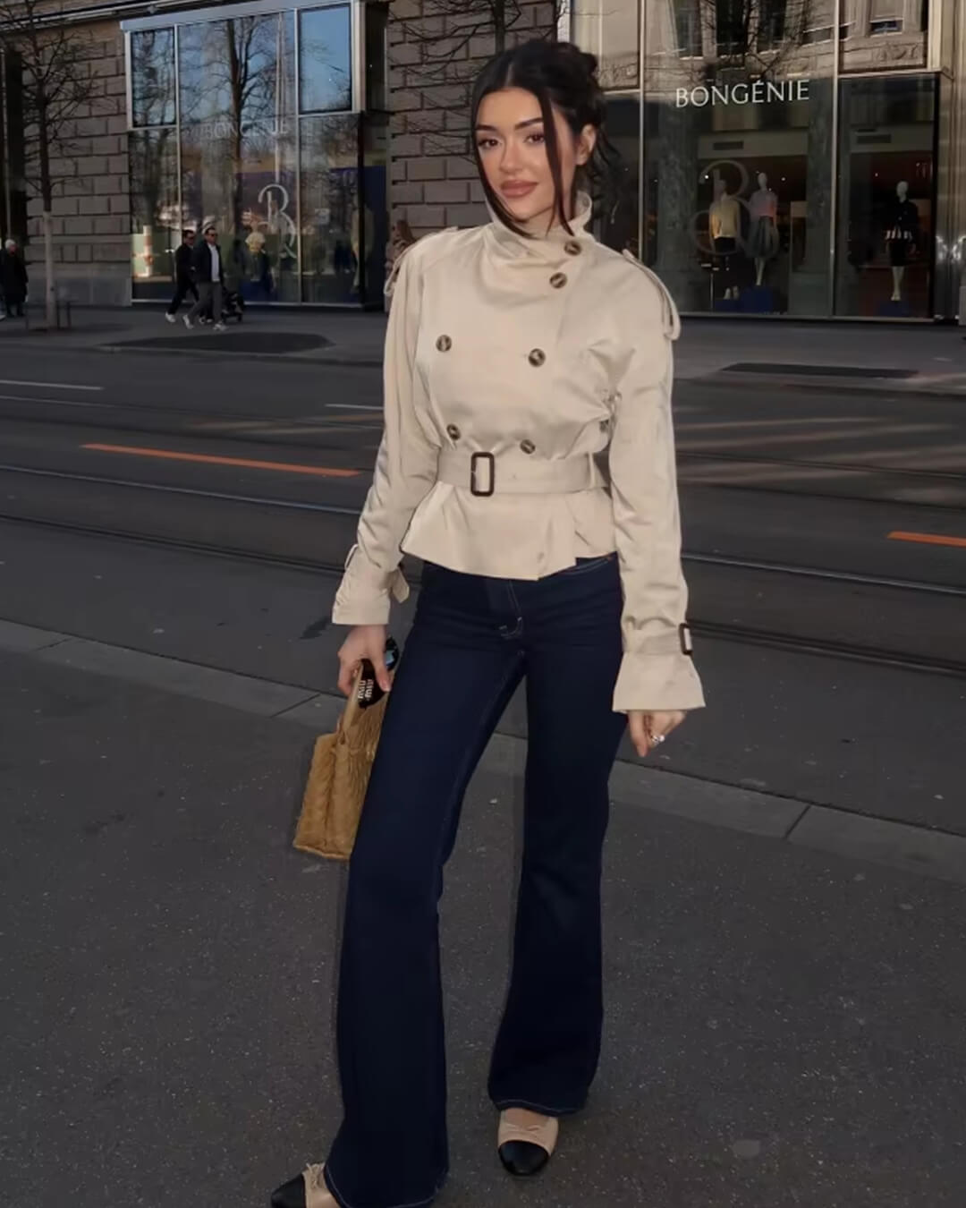 Cropped Belted Trench Coat with Double-Breasted Button Front