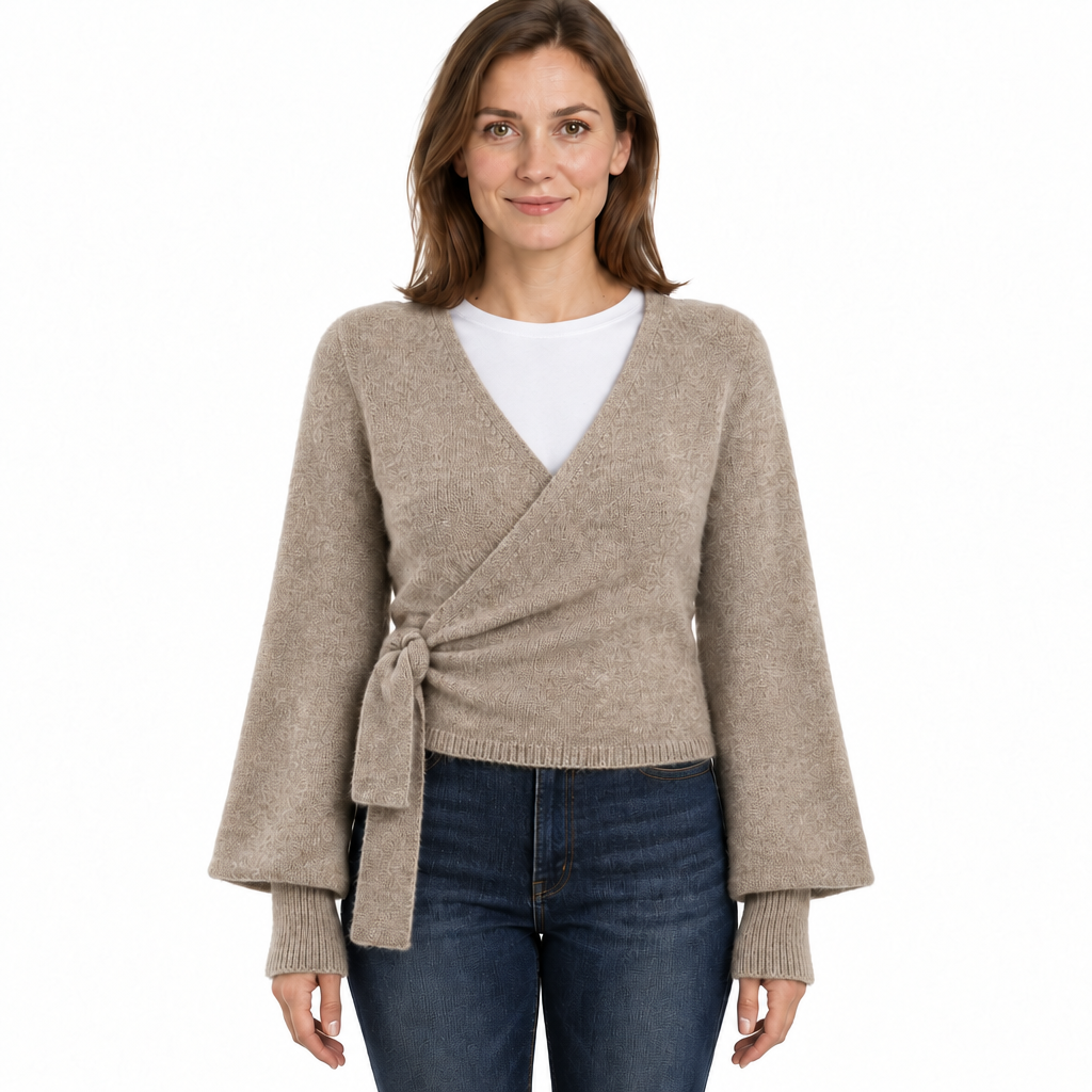 Cropped Wrap Knit Jumper with Tie Waist and V-Neckline
