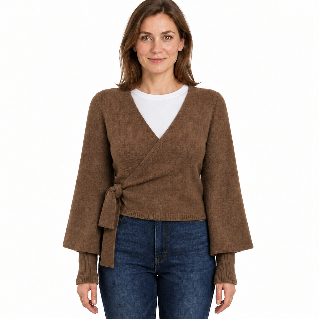 Cropped Wrap Knit Jumper with Tie Waist and V-Neckline