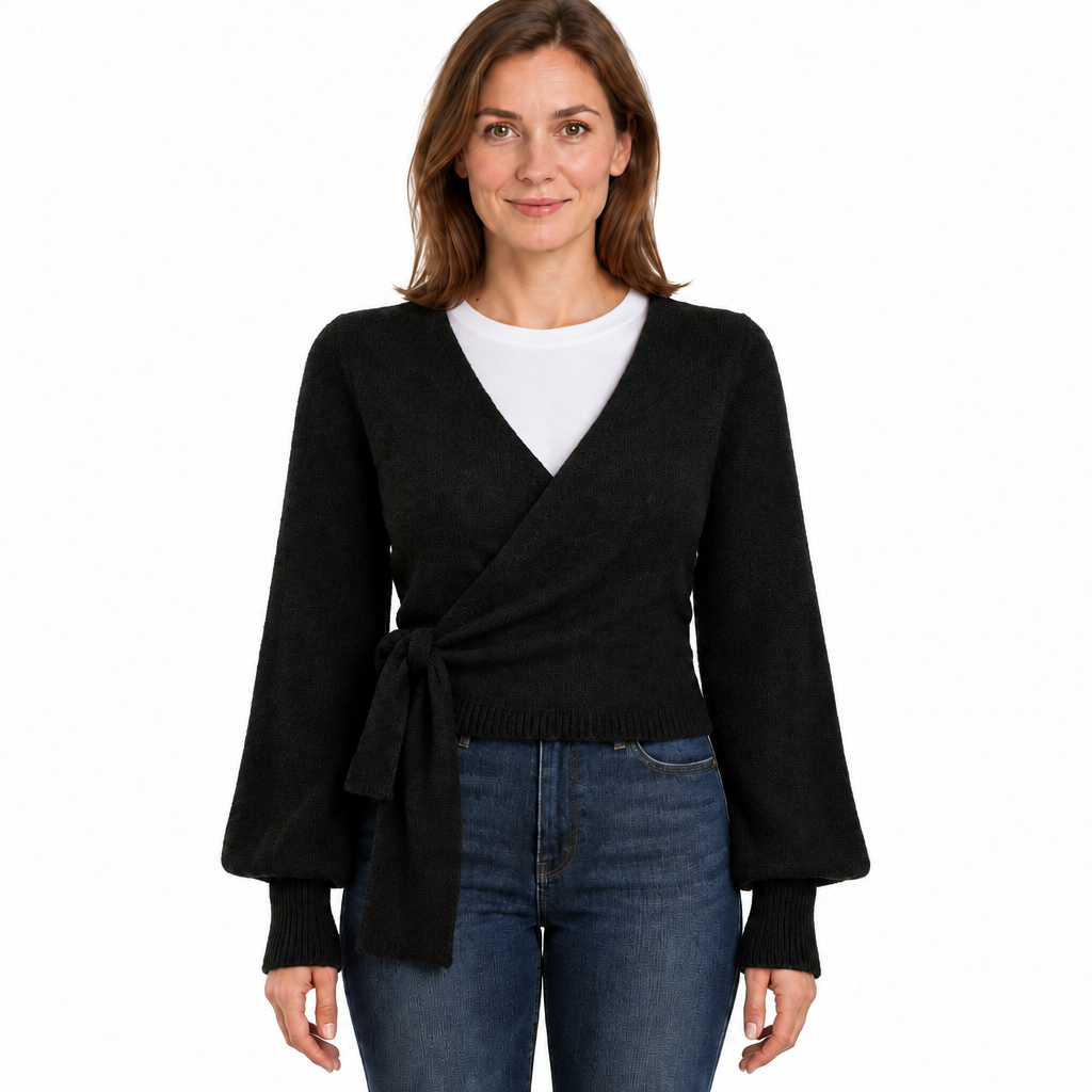 Cropped Wrap Knit Jumper with Tie Waist and V-Neckline