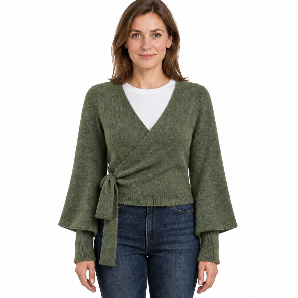 Cropped Wrap Knit Jumper with Tie Waist and V-Neckline