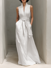 Eleanor | Elegant V-Neck Belted Sleeveless Maxi Dress