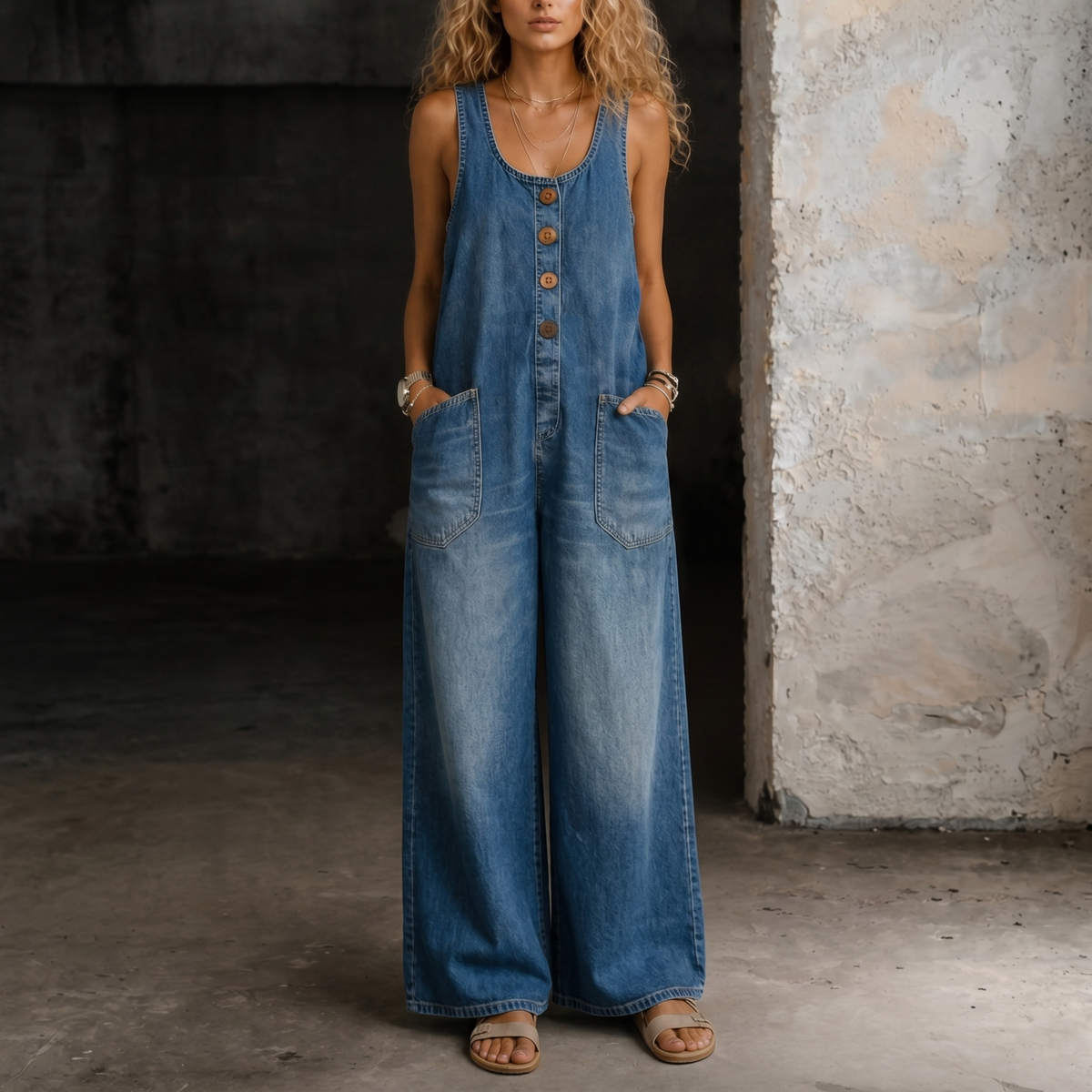 Eleanor | High Waist Wide Leg Denim Jumpsuit