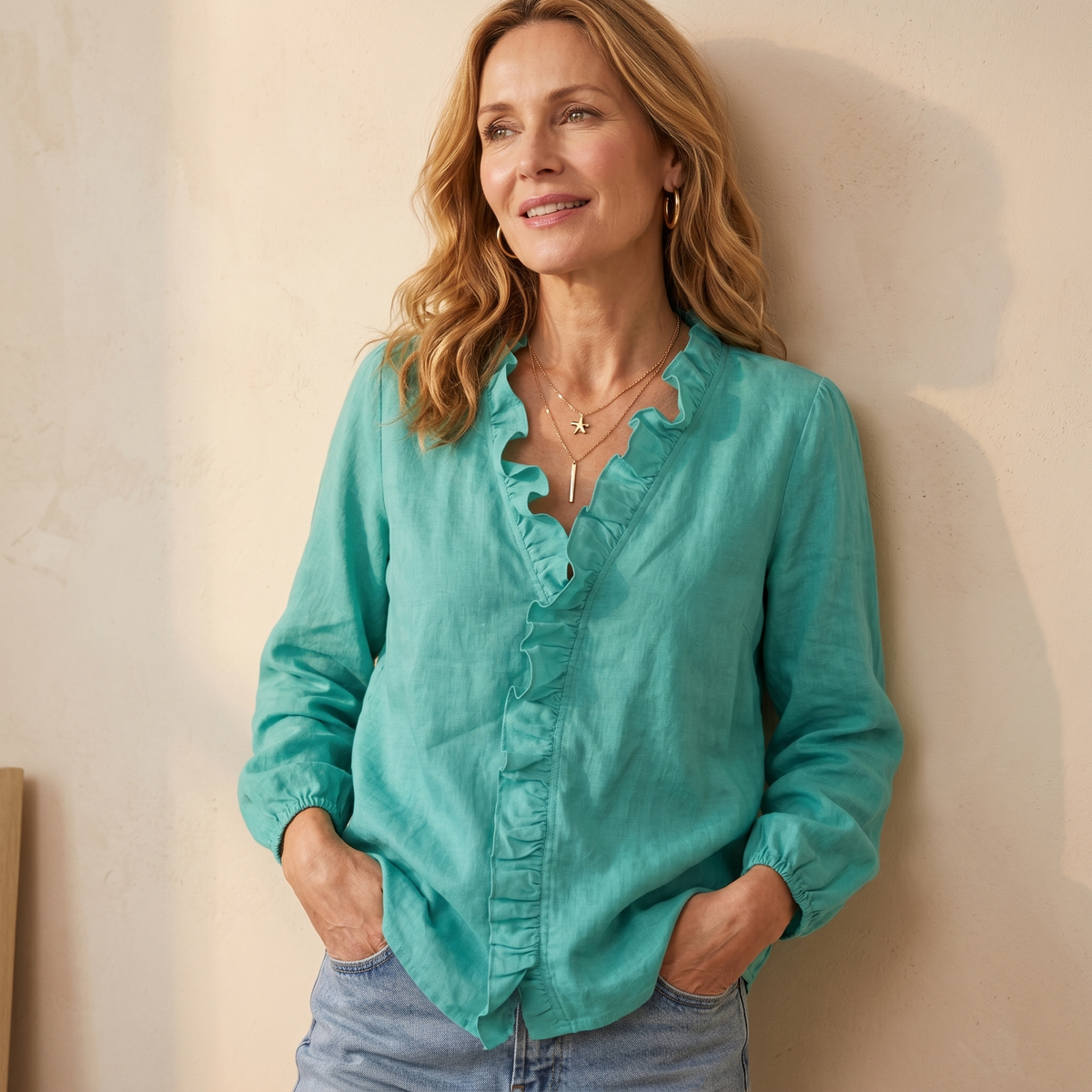 Eleanor | Ruffle V-Neck Linen Blouse with Elasticated Cuffs