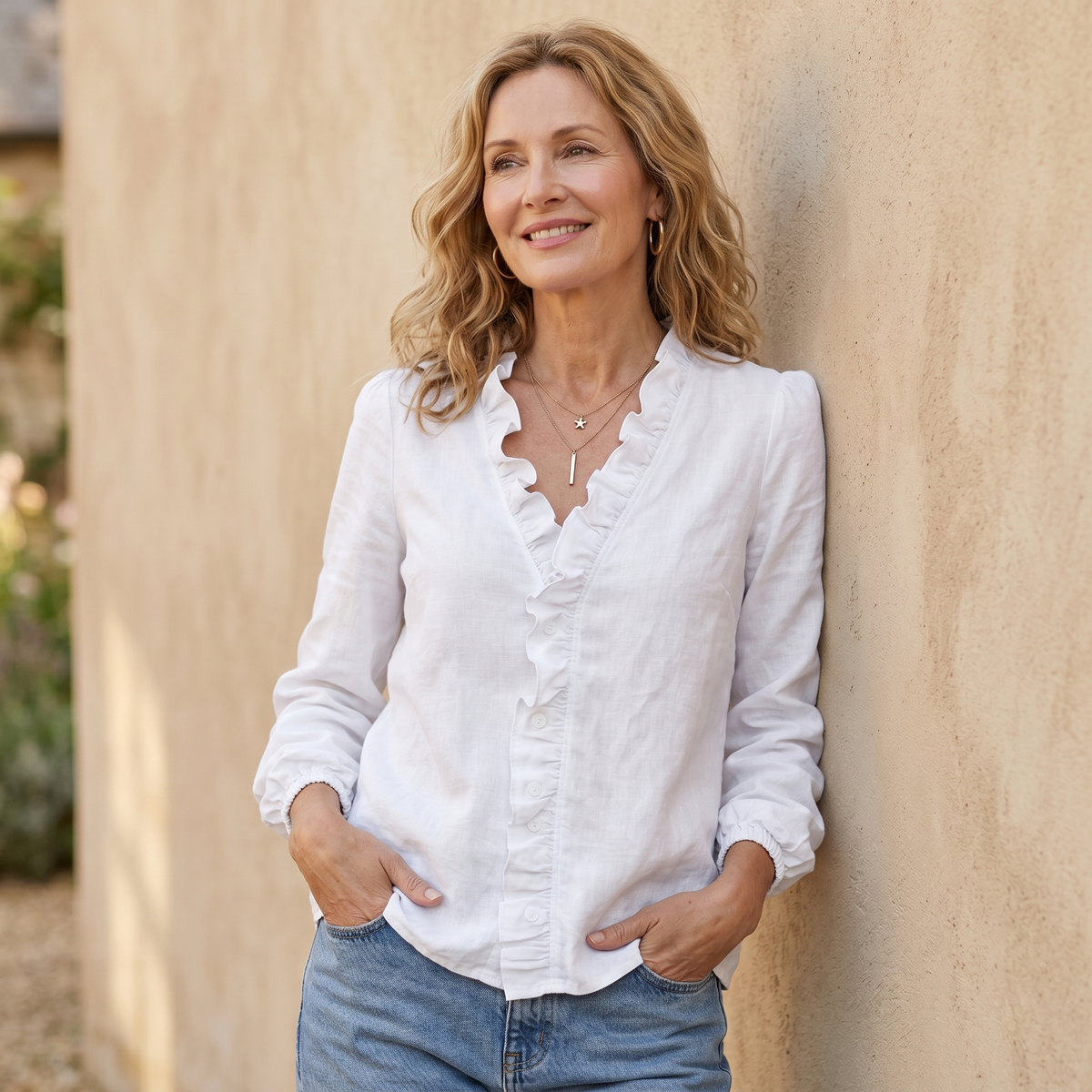 Eleanor | Ruffle V-Neck Linen Blouse with Elasticated Cuffs