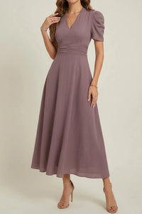 Eleanor | V-Neck Puff Sleeve Midi Dress with Ruched Waist