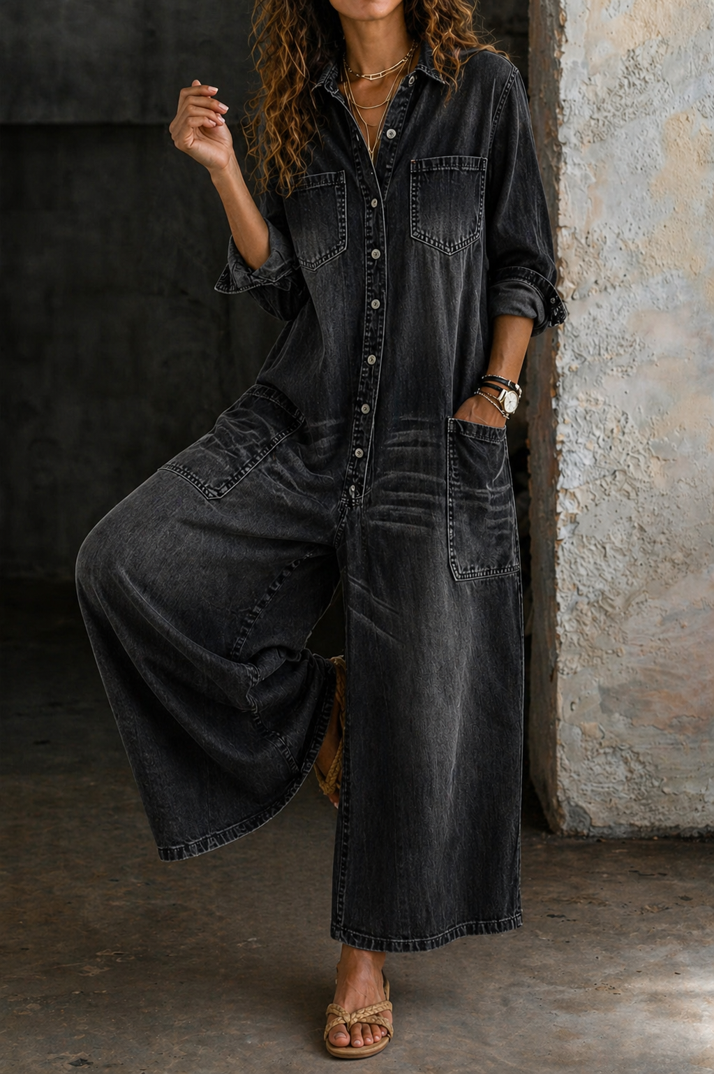 Harriet | Relaxed Wide Leg Denim Jumpsuit with Utility Pockets