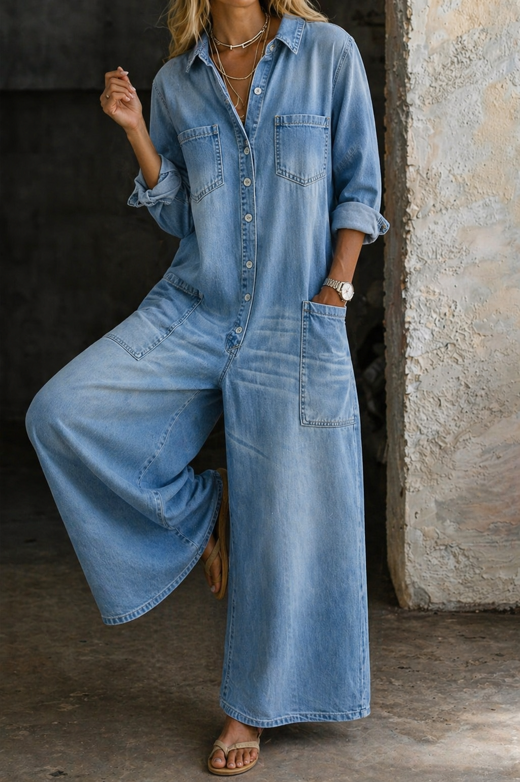 Harriet | Relaxed Wide Leg Denim Jumpsuit with Utility Pockets