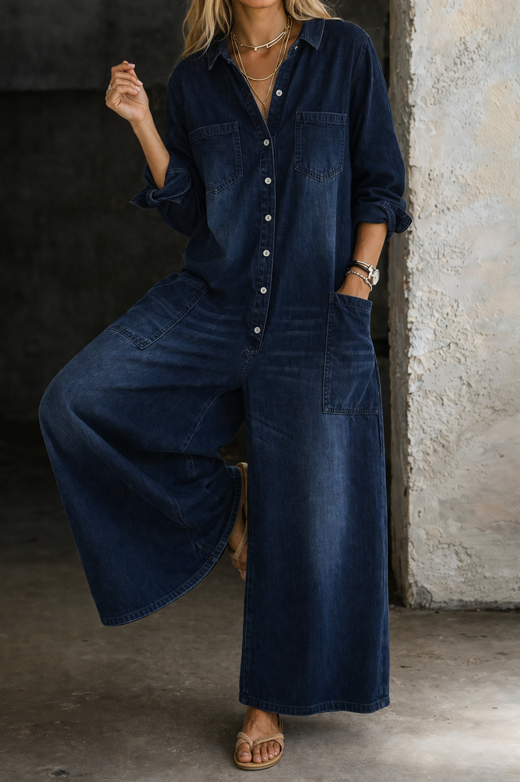 Harriet | Relaxed Wide Leg Denim Jumpsuit with Utility Pockets