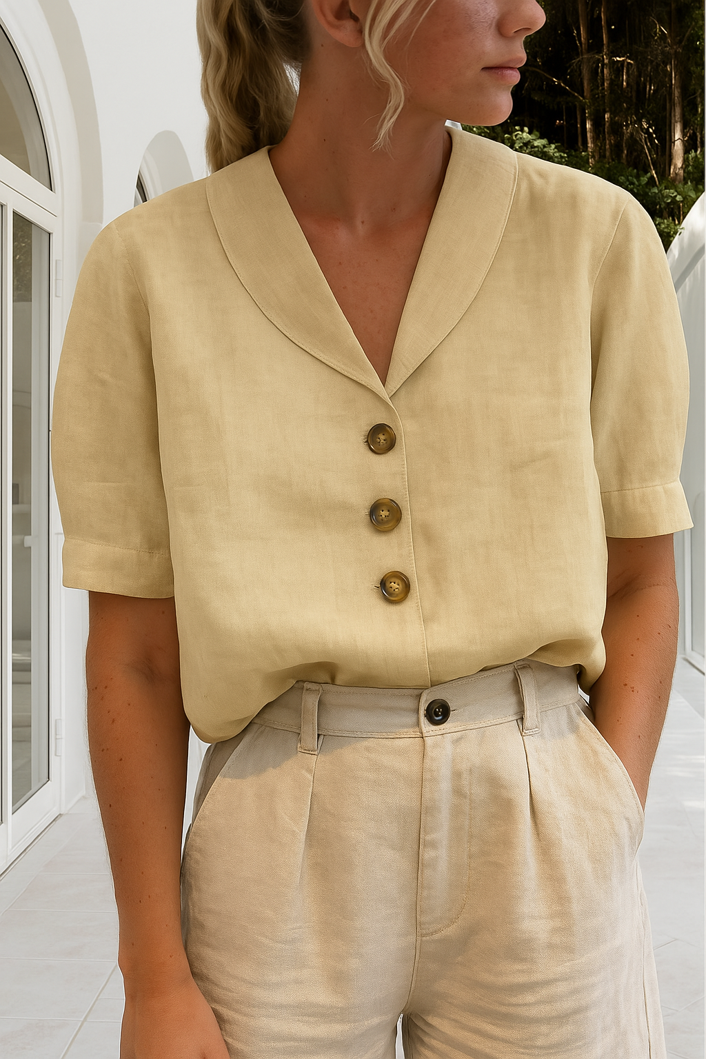 Harriet | Short Sleeve Blouse with Notch Collar and Button Front