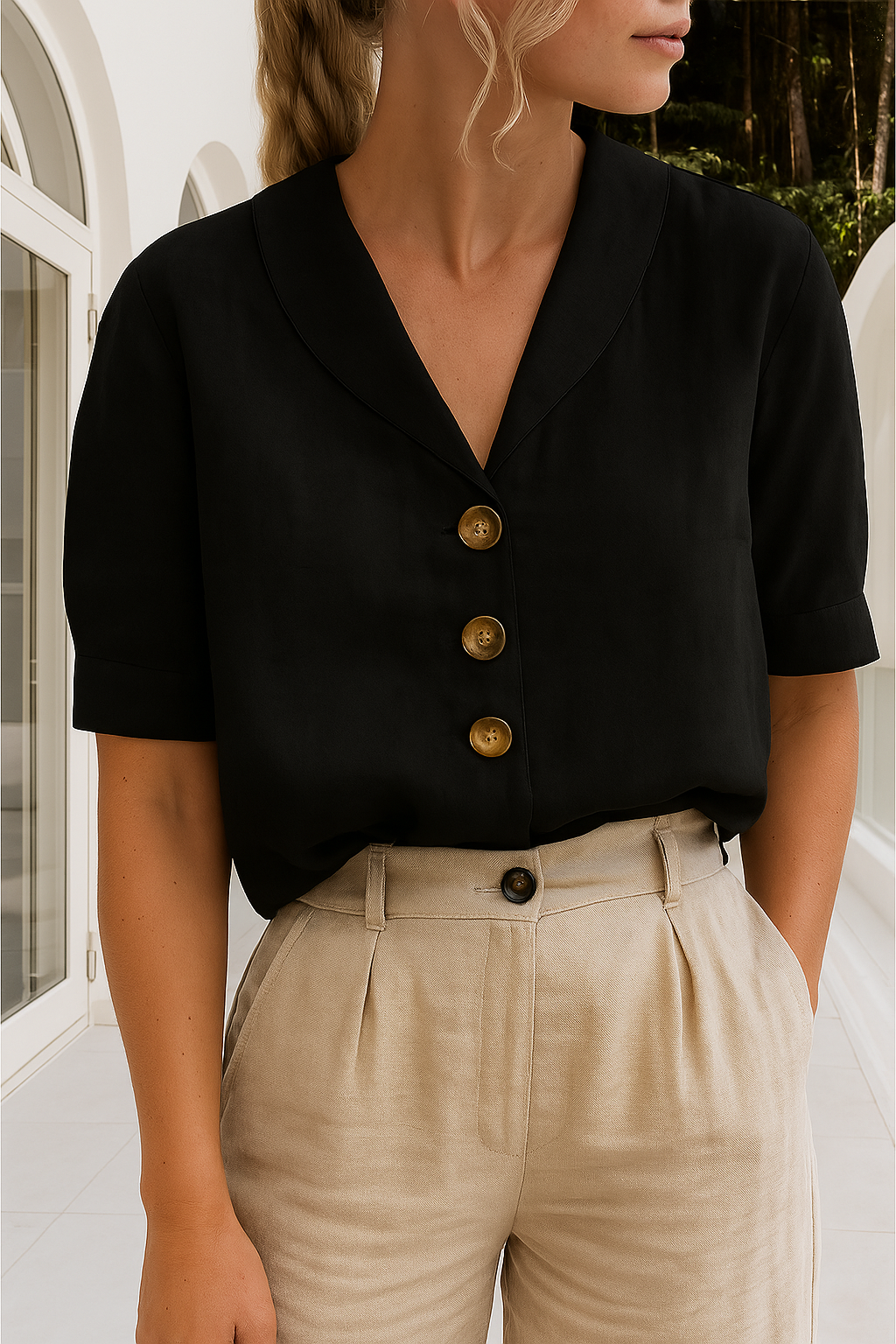 Harriet | Short Sleeve Blouse with Notch Collar and Button Front