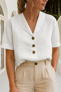 Harriet | Short Sleeve Blouse with Notch Collar and Button Front