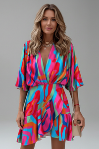 Helen | Abstract Print Wrap Mini Dress with Flutter Sleeves