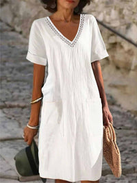Helen | White V-Neck Midi Dress with Crochet Trim