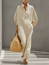 Janet | Cotton-Linen Blend Maxi Dress with Mandarin Collar