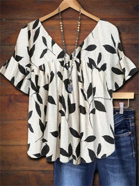 Janet | Ruffle Sleeve V-Neck Leaf Print Top