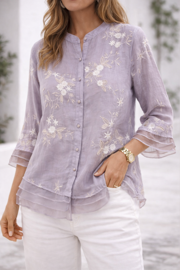 Julie | Floral Embroidered Button Front Blouse With Crew Neck