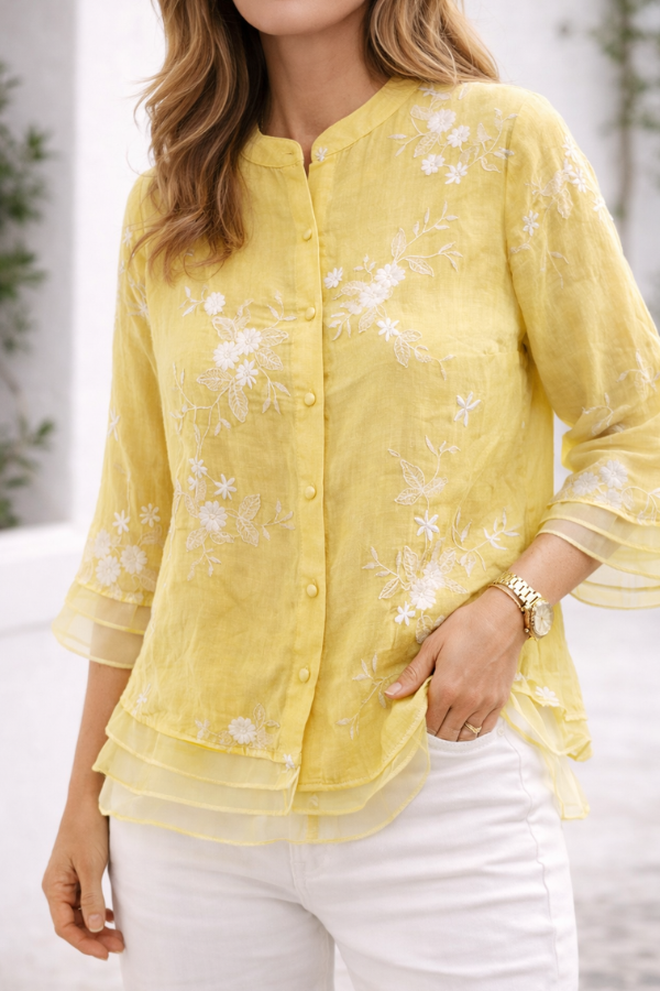 Julie | Floral Embroidered Button Front Blouse With Crew Neck