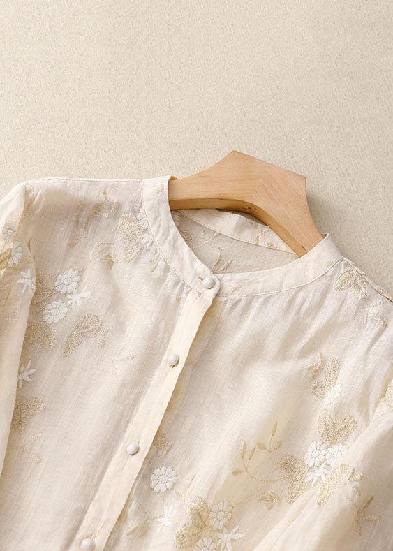 Julie | Floral Embroidered Button Front Blouse With Crew Neck